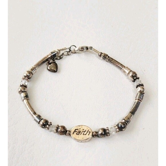 Sterling Silver Beaded Faith Crystal Heart Charm Bracelet 8" - Picture 1 of 7